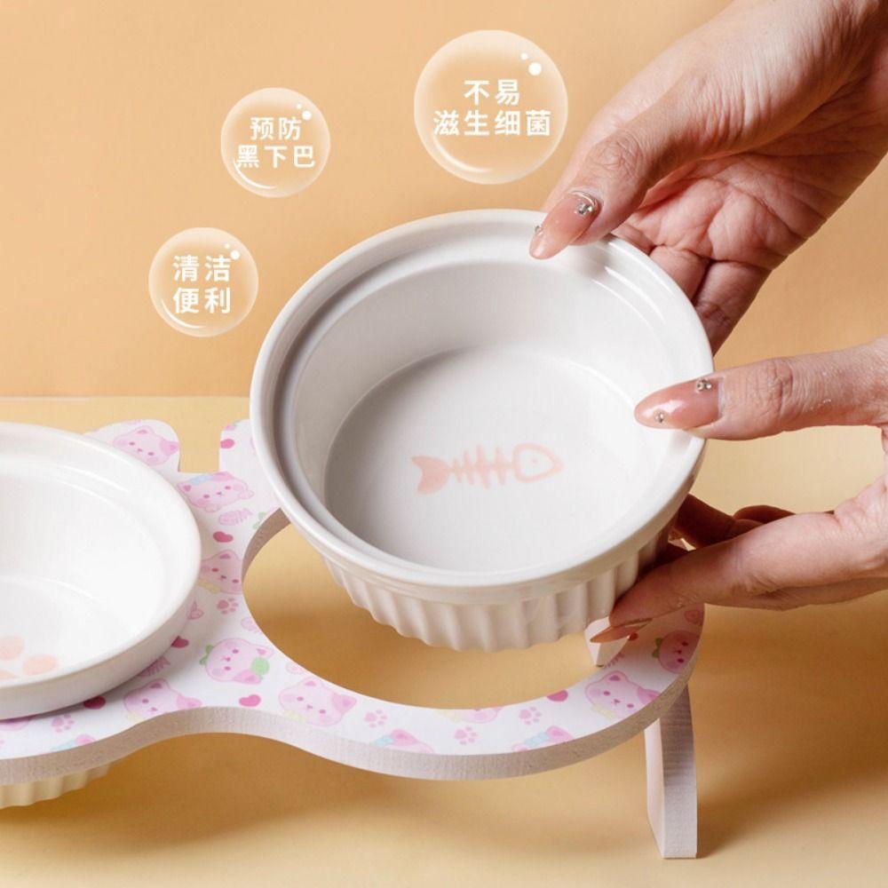 Cervical Protection Ceramic Cat Bowl with Stand Double Bowl Cat Feeding Dish  Water