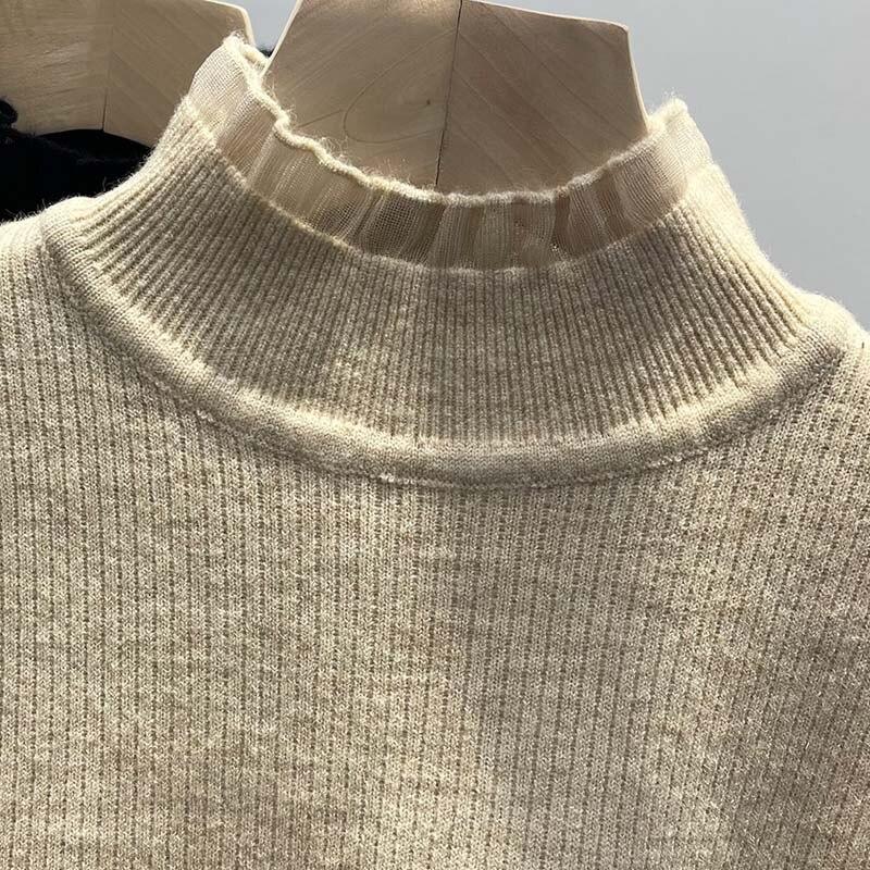 Winter Elegante Half Hoge Kraag Dikker Warme Trui Vrouwen Herfst Mode Zoete Kant Rand Fluwelen Gebreide Losse Truien 29261