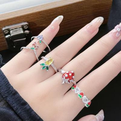 Fruit Series Grape Pineapple Cherry Strawberry Enamel Zir*****Pen Ring Niche High-End Feeling Stacked Ring Woman