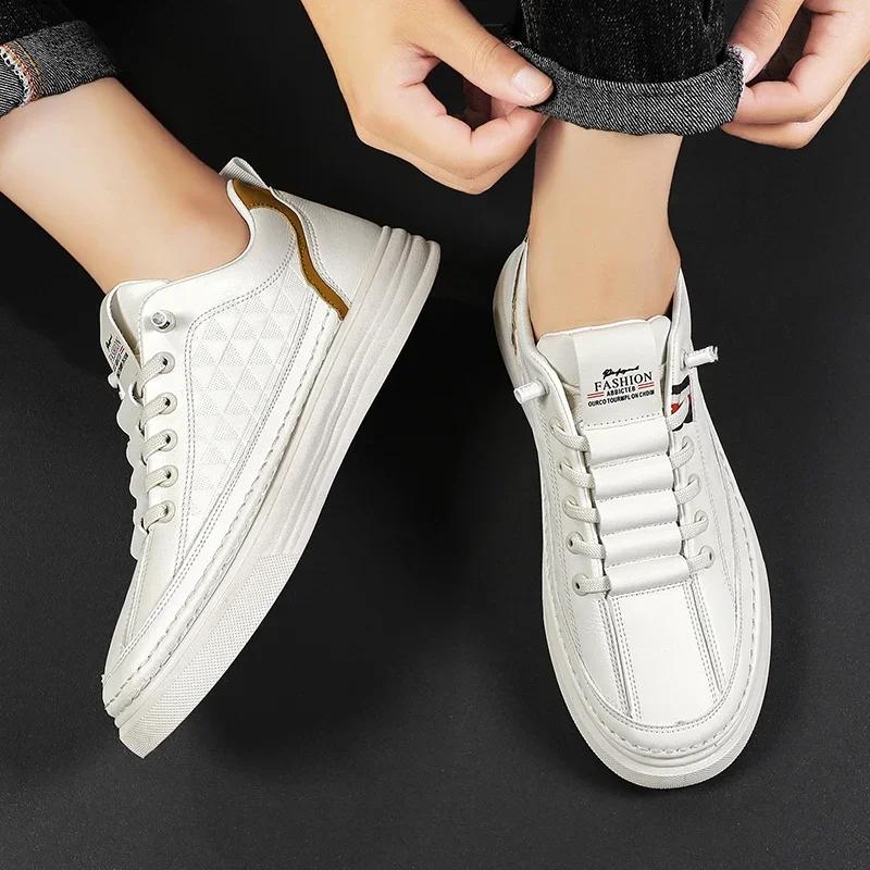 Fashion Platform Men Casual Shoes Leather Lightweight Slip On Men Board Shoes White Outdoor Sports Sneakers Comfort Tennis Shoes