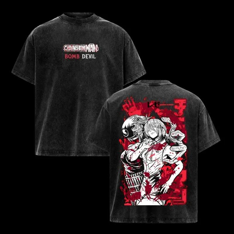 Kettensägenmann Anime Bedrucktes T-Shirt Herren Damen Gewaschenes Baumwoll-T-Shirt Übergroßes Vintage-T-Shirt Harajuku Männliches Kurzarm-T-Shirt Damen Herren Kleidung