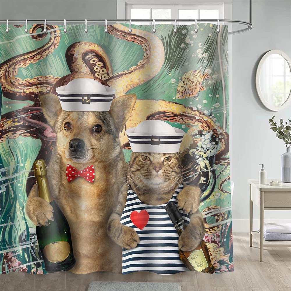 Funny Animals Shower Curtain,Cat Cowboy With Rifle Rides A Horse On Green Grass Ranch With Cow Dog Shower Curtains For Bathroom