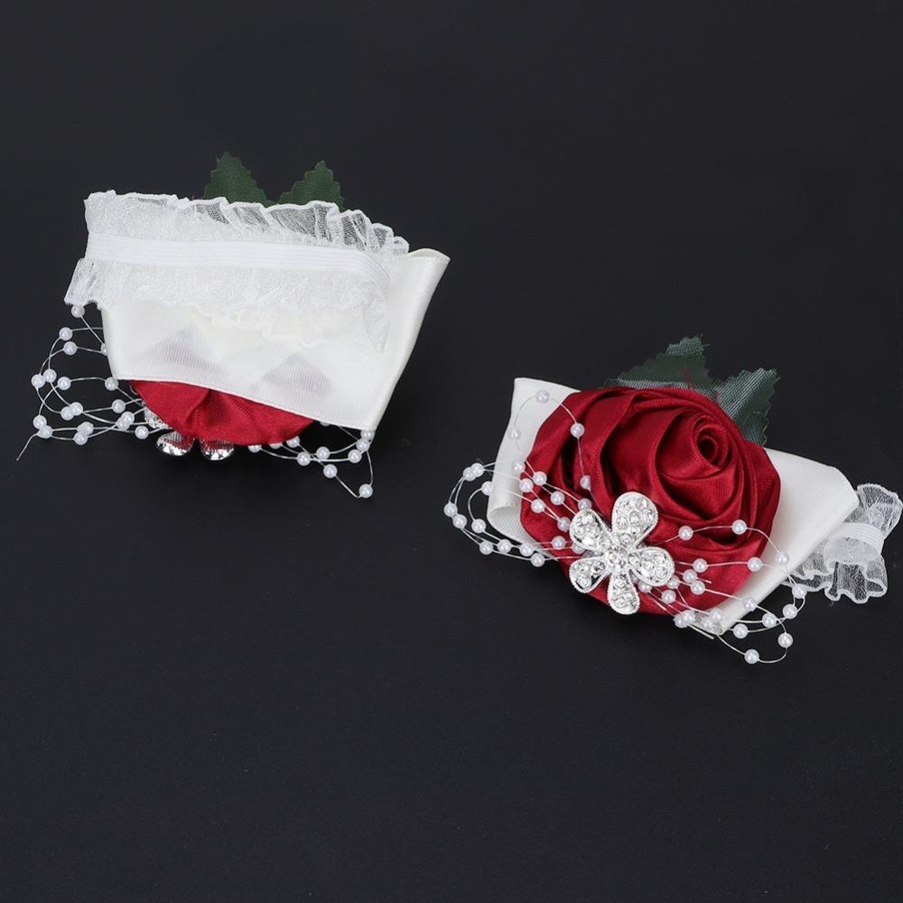 2pcs Pearl Rhinestone Wrist Corsage Diamond Rose Wedding Corsage For Bridesmaid