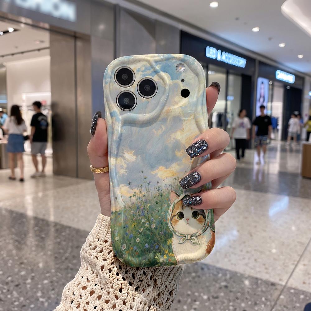 Monet Style Meadow Kitten Frame Wavy Edge Phone Case For iPhone 16 15 14 Pro Max 13 12 11 Mini XR XS SE 2020 17 Air Cover Soft TPU