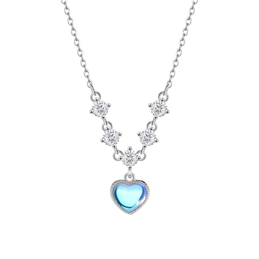 

925 Sterling Silver Inlay White Zircon Imitation Moonstone Heart Pendant Necklace for Women Light Luxury Party Jewelry 45cm