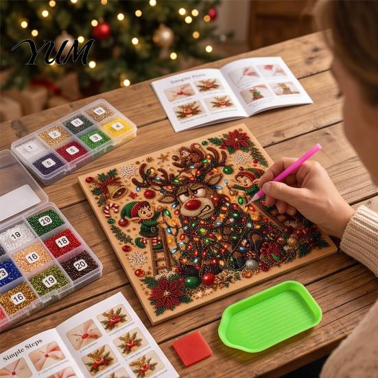 DIY Decorative Wall Ornaments Christmas Faux Pearl Art Kit, Rhinestone Painting 8" X 8", Cartoon Kits for Kids Snowman Animal Diamond Craft