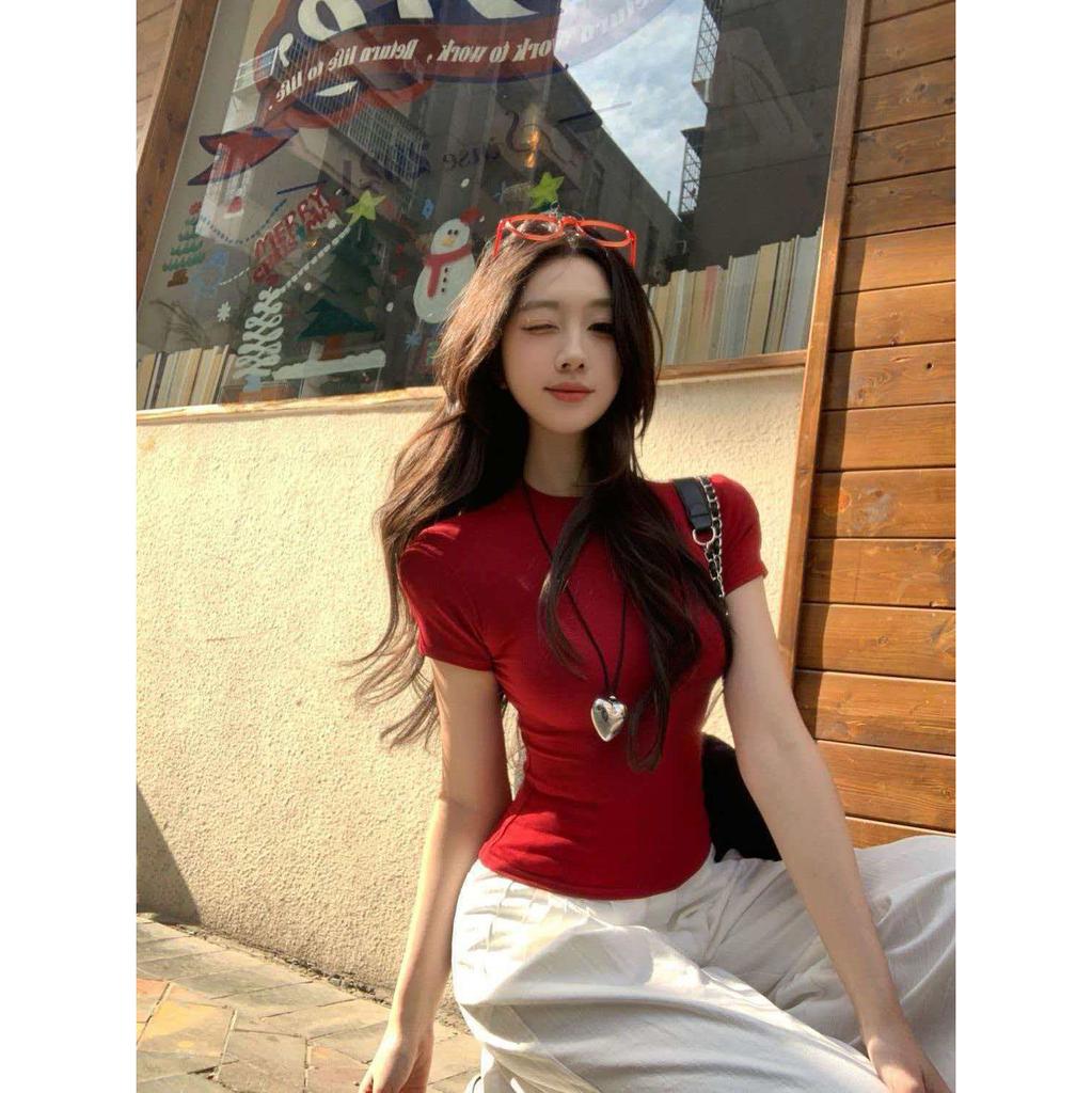 Front Shoulder Round Neck Slim-fitting Short-sleeved T-shirt Women's Summer New Spice Girl Pinched Waist and Thin Short Ins Top