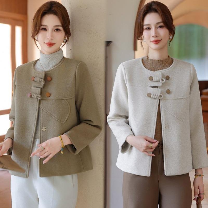 Medium and Old Women's Coat Fashion Double-sided Woolen Coat Temperament Short Small New Round Neck Woolen Women