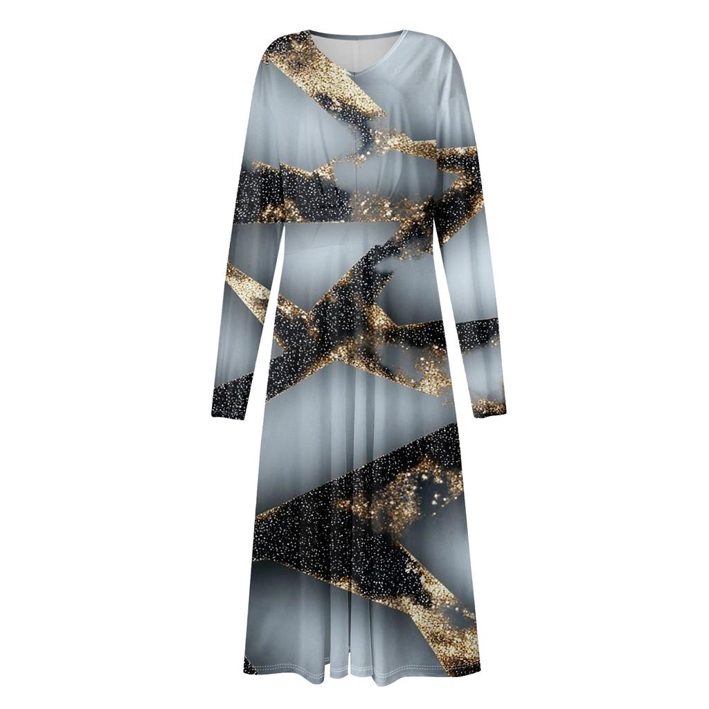 Women's - And Winter Casual Fashion V-neck Long Sleeve Stripe Print Long Dress Suitable For Daily Life And Party Wear