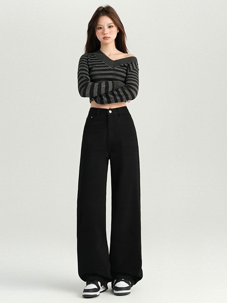 

Модные Удобные Джинсы Клеш Черные Женские С Высокой Посадкой Стройнящие Фигуру Типа Груша Меньшего Размера Прямые Длинные Брюки Джинсы для Женщин Длинные Джинсовые Брюки 4XL