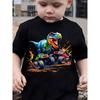 Boys Short-Sleeve T-Shirt Summer Fashion Casual Top with Cartoon Dinosaur Stepping On Two Trucks Print