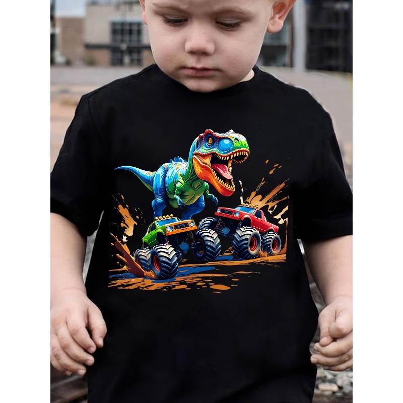 Jungen Kurzarm-T-Shirt Sommer Mode Lässiges Oberteil mit Cartoon-Dinosaurier auf zwei LKWs Druck