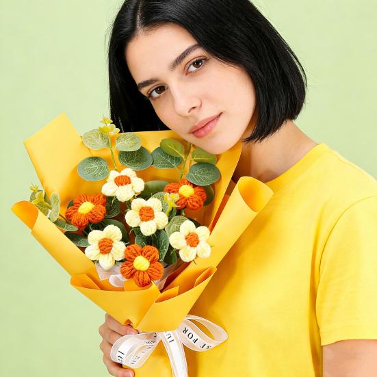 Fleurs Artificielles Fait Main Crochet Bouquet de Fleurs Fil de Coton Doux Sans Entretien Tiges Flexibles Fausse Fleur Saint-Valentin Mariages Décoration