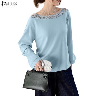 Women Lace Splice Round Neck Casual Long Sleeve T-Shirts