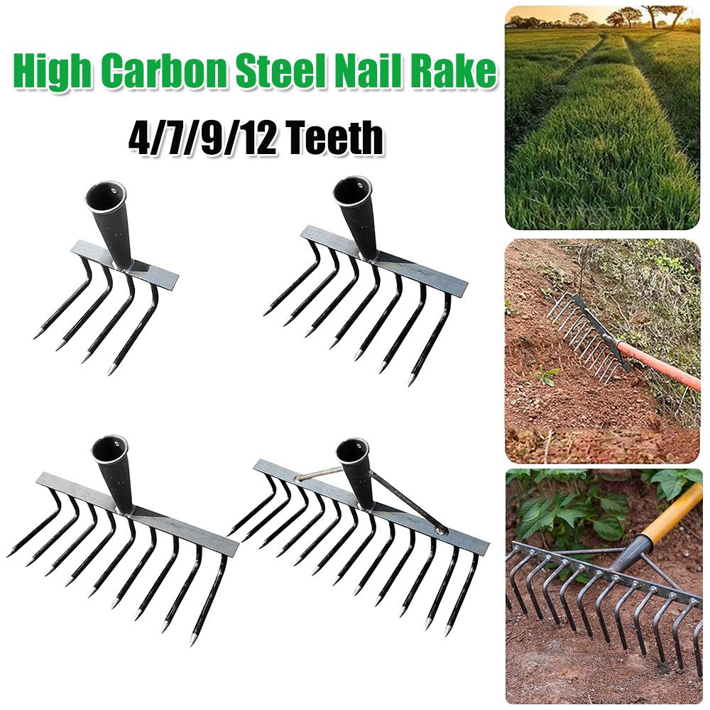 High Carbon Steel Nail Rake Multifunctional 4/7/9/12 Teeth Gardening Weeding Rake Labour-Saving Loose Soil Nail Rake Garden Tool
