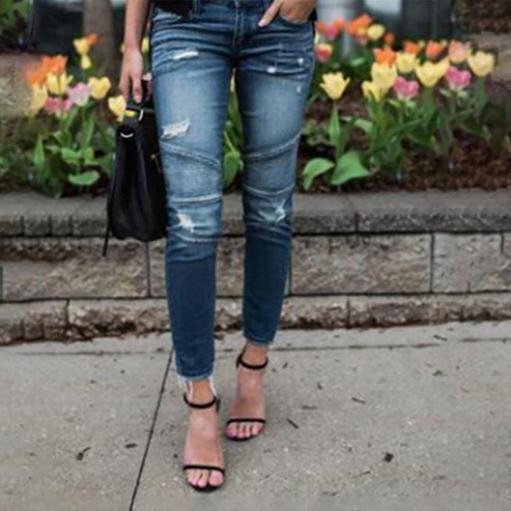 Women's Slim Fit Fringed Pleated Ripped Tight-fitting Stretch Leggings Jeans