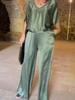 Women's Blue Satin V-Neck Blouse with Wide Leg Pants Set, Casual Elegant Outfit