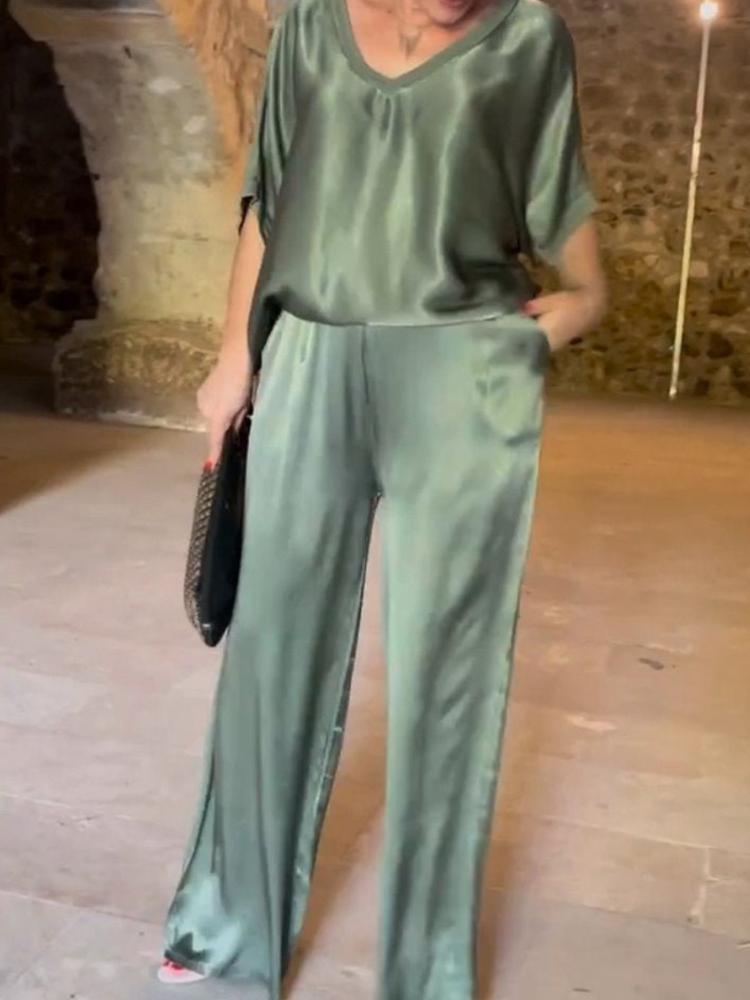 Women's Blue Satin V-Neck Blouse with Wide Leg Pants Set, Casual Elegant Outfit