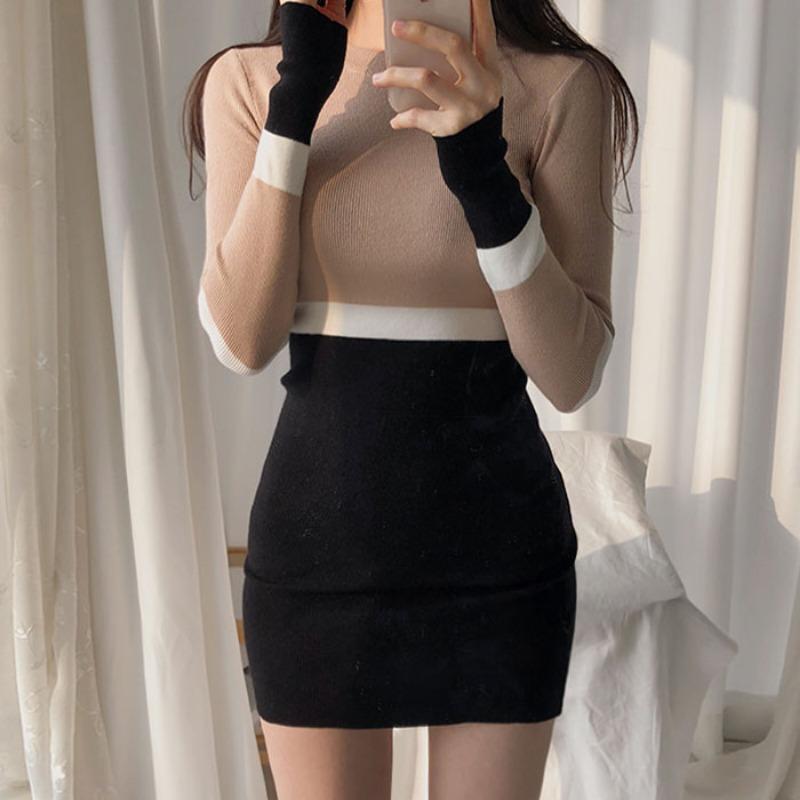 Sweet Round Neck Slim Fit Striped Knitted Sexy Dress Women Autumn and Winter Sweater Dresses for Women Fashion Long Sleeve Casual Ladies Dress 25965