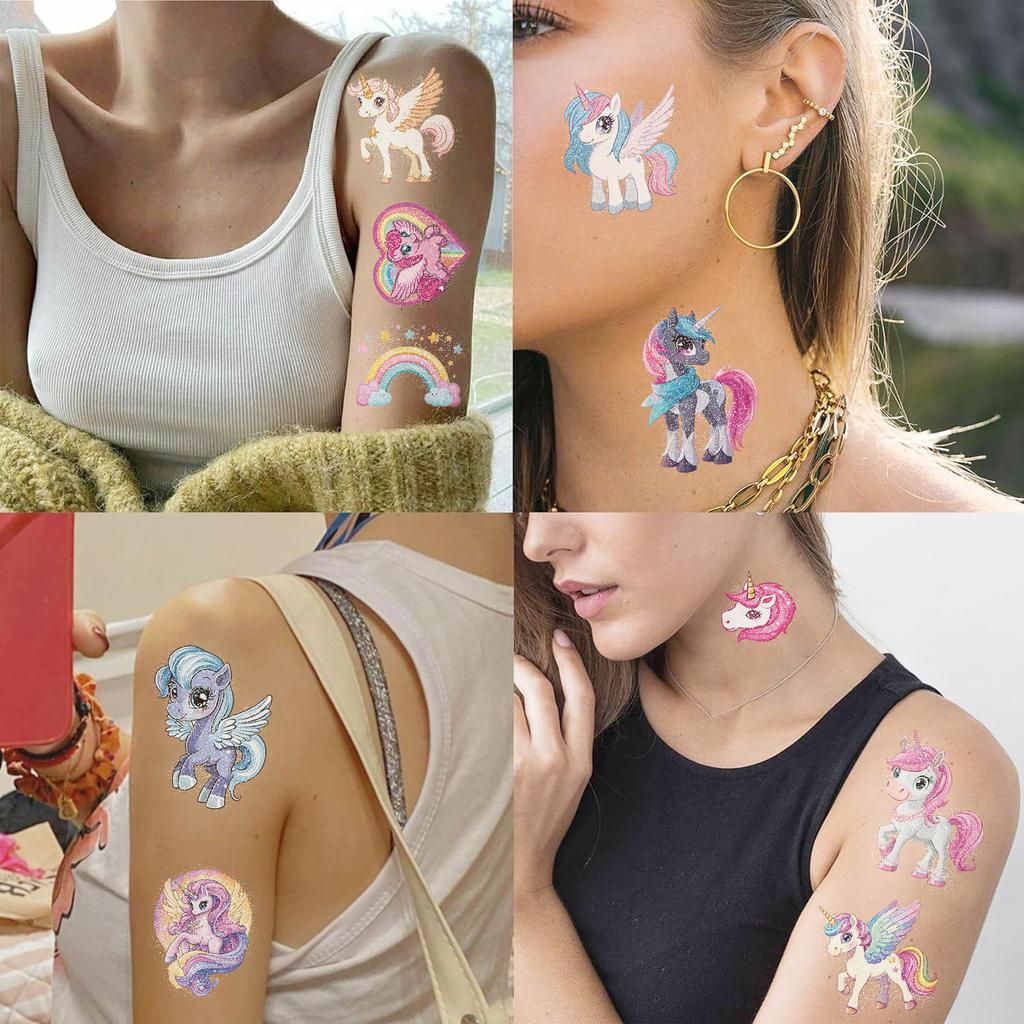 10/14 Blatt Glitzernde Einhorn Tattoo Aufkleber zur Personalisierung, Temporäre Tattoos für Kinder