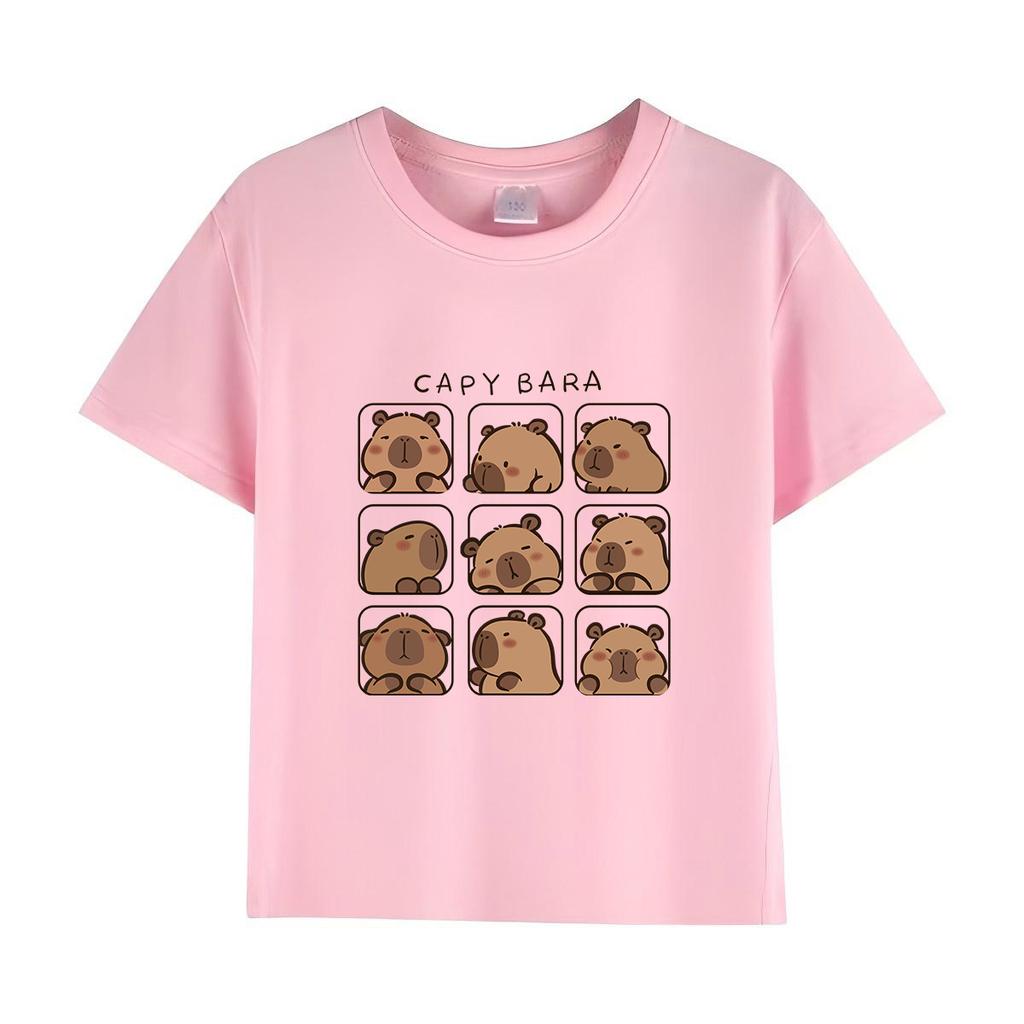 Capybara Kids Summer Cartoon Print T-Shirt 100% Cotton Short Sleeve Crewneck Casual Top for Girls Fashion Tees