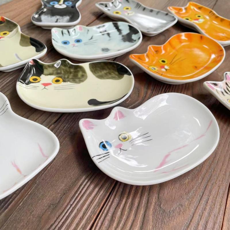 Cute Pets Cat Sauce Dish Ceramic Creative Cute Cat Face Shaped Condiment Dish Small Plates Tableware Home Kitchen Supplies