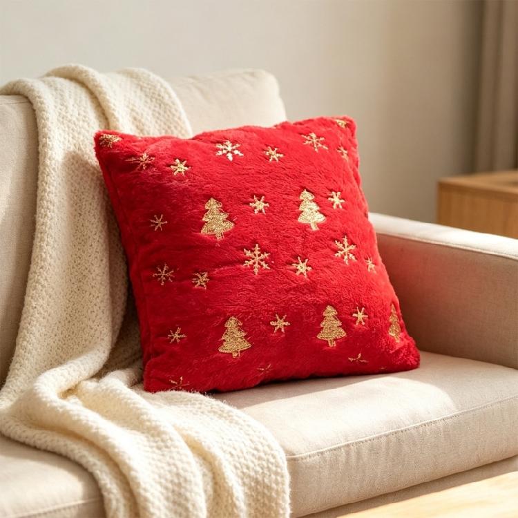 Christmas Cushion Cover with Gold Sequins Embellishment, Plush Faux Furs Square 18 X 18Inch Pillow Cover for Sofa, Bed, and Winter Room Decors