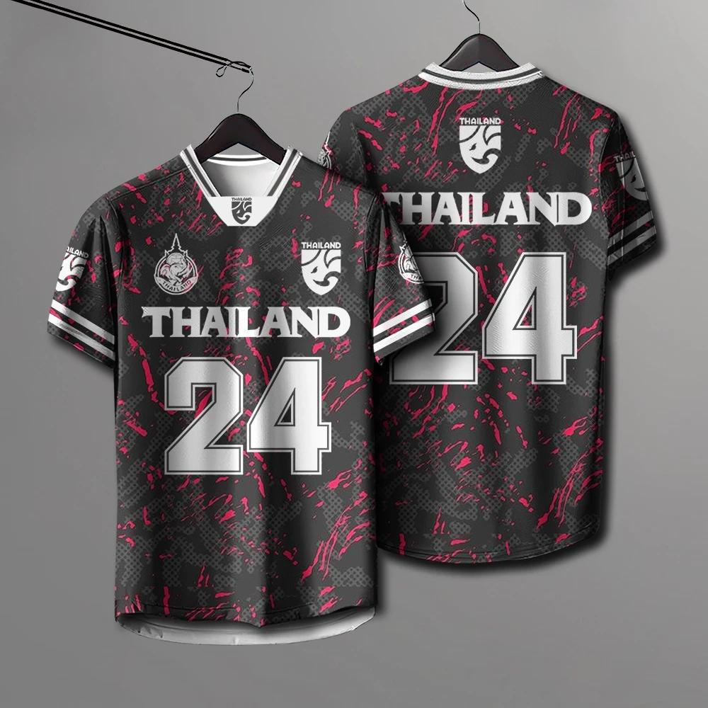 THAILAND Fußball V-Ausschnitt Farbe Vintage Shirt Nationales Elefanten-Logo Abzeichen Unisex Männer Frauen Trainingstrikot Aufdruck Schnelltrocknend Kurzarm Uniform