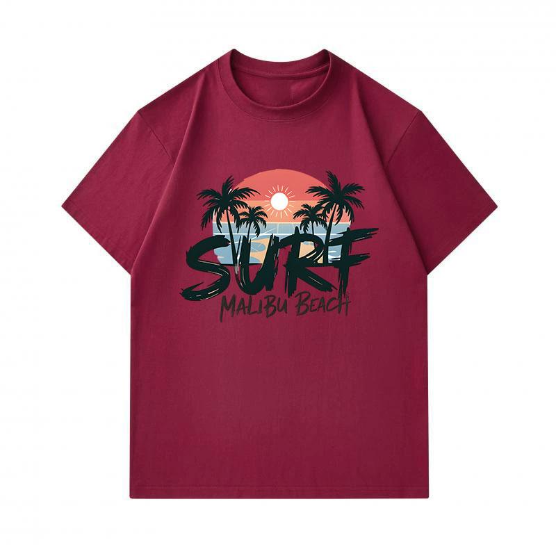 Men's 100% Cotton Crew Neck Short Sleeve T-Shirt, Surf Malibu Beach Retro Palm Sunset Print Casual Breathable Summer Top for Daily Outdoor Surfing Str