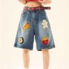 American Retro Denim Shorts with Hamburger and Fries Embroidery - Women's Trendy Summer Loose-Fit Wide-Leg Five-Point Pants