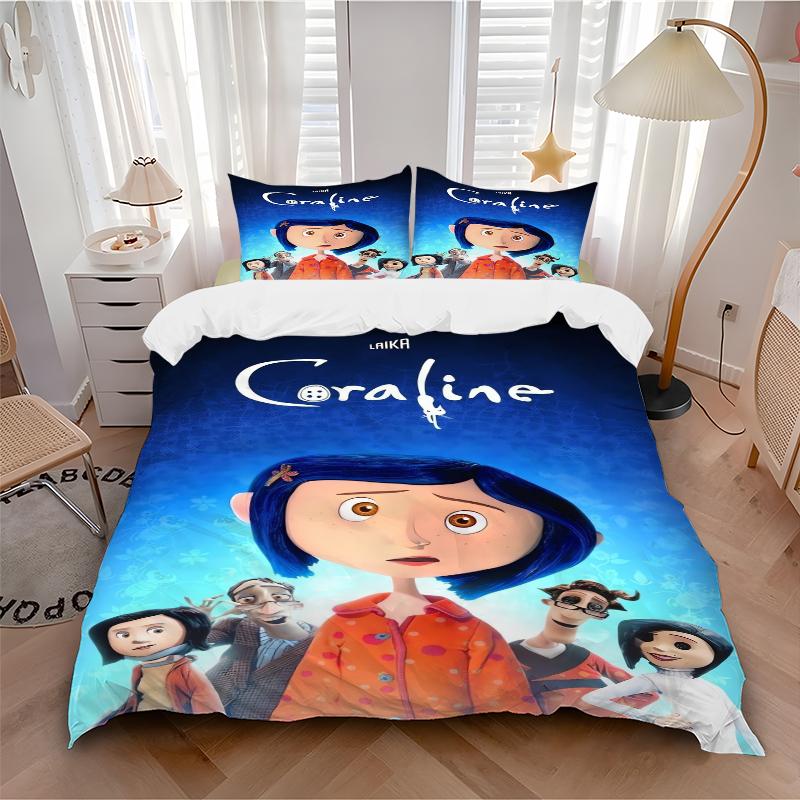 3Pcs Coraline'S Magical Adventure Bedding Set Soft Fabric Duvet Cover Pillowcases Christmas Xmas Halloween Gift 1 Duvet Cover 2 Pillowcase L1346