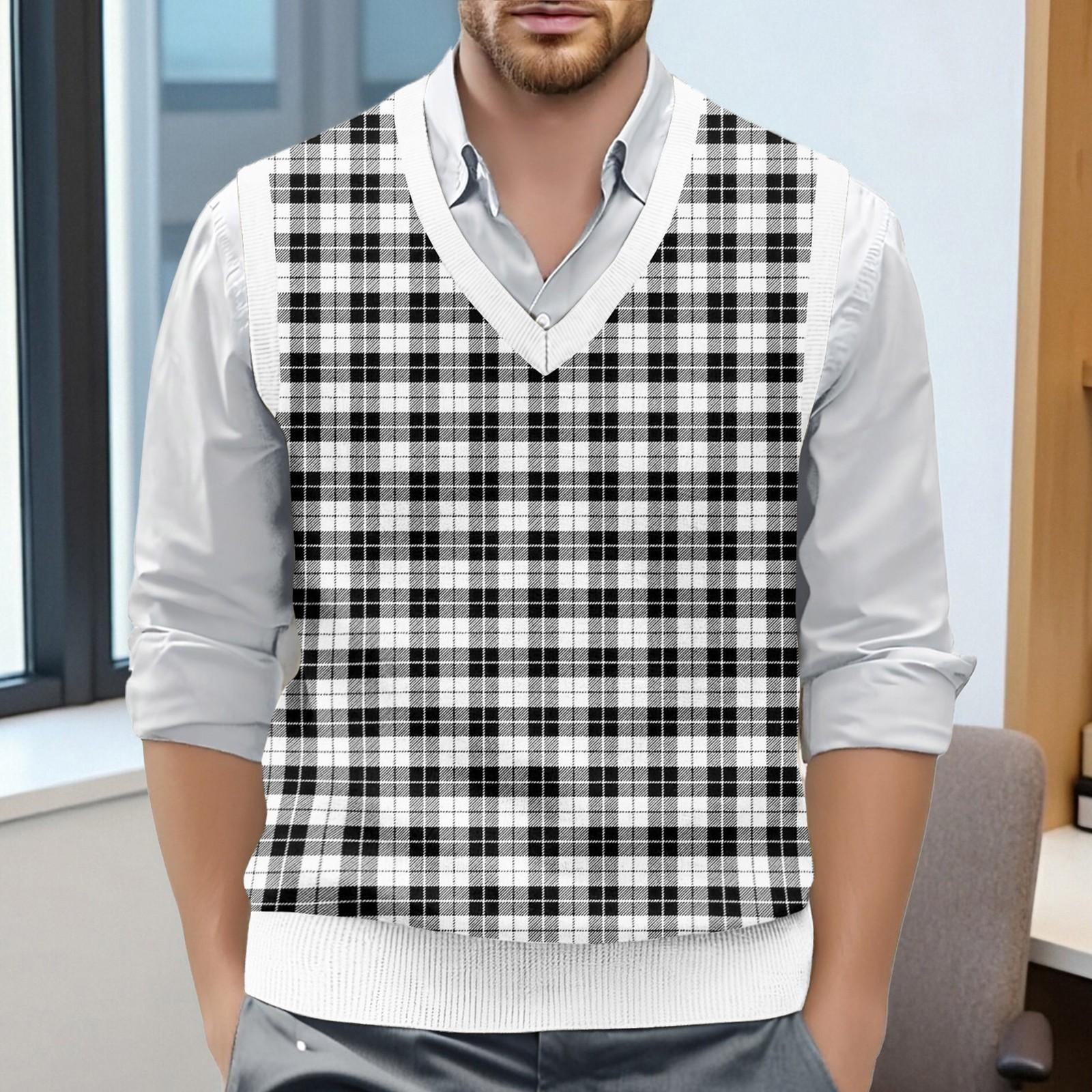 

Мужской жилет без рукавов с клетчатым принтом и V-образным вырезом, вязаный джемпер L белый