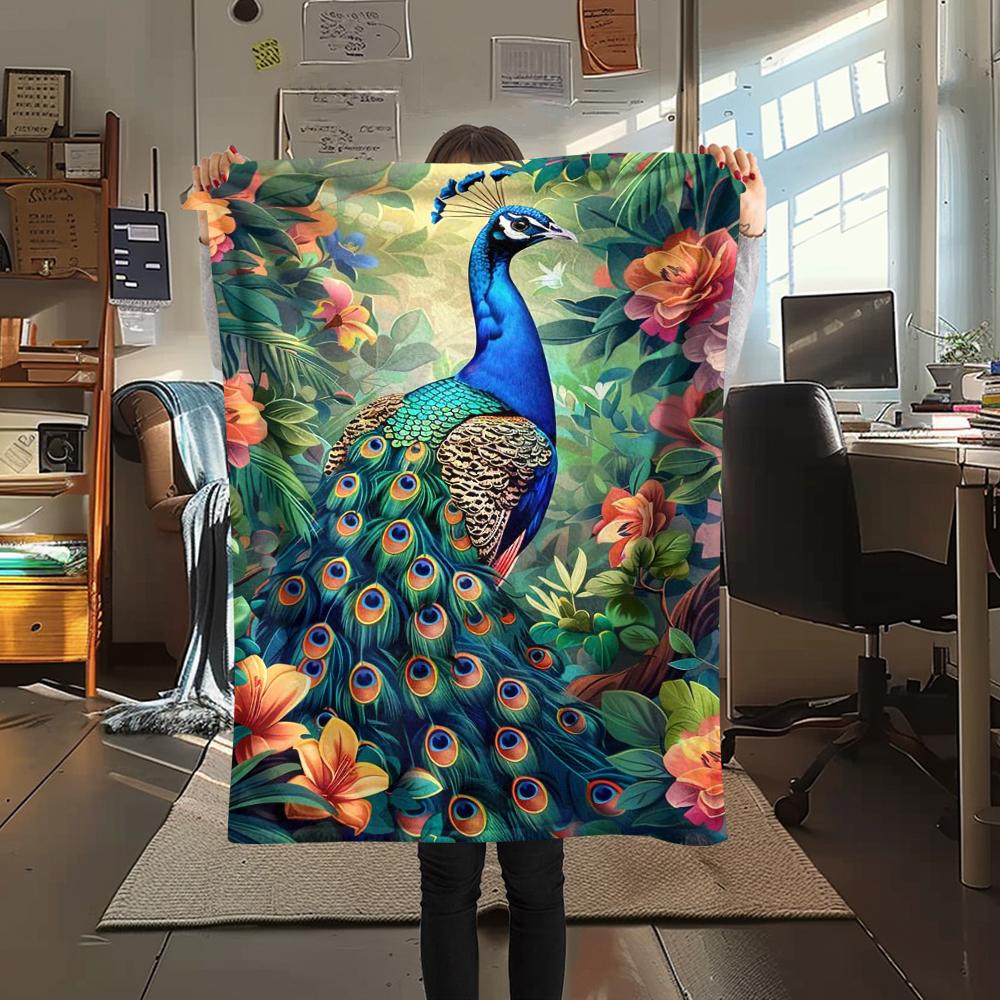1Pc Peacock Oil Painting Print Flannel Blanket, High Quality Comfortable for All Seasons, Home Decor, Warmth and Comfort, Perfect for Christmas Gifts