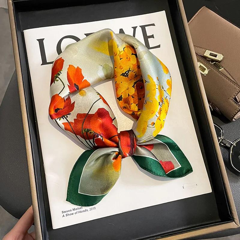 

Flower 100% Real Silk Scarf Women Small Luxury Brand Handkerchiefs Hair Ribbon Headband Design Square Neckerchief Female Bandana 53x53cm