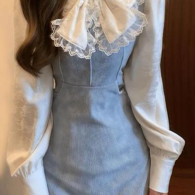 Rochie lungă nouă Toamnă/Iarnă Stil Francez cu Fundă Talie Subțire