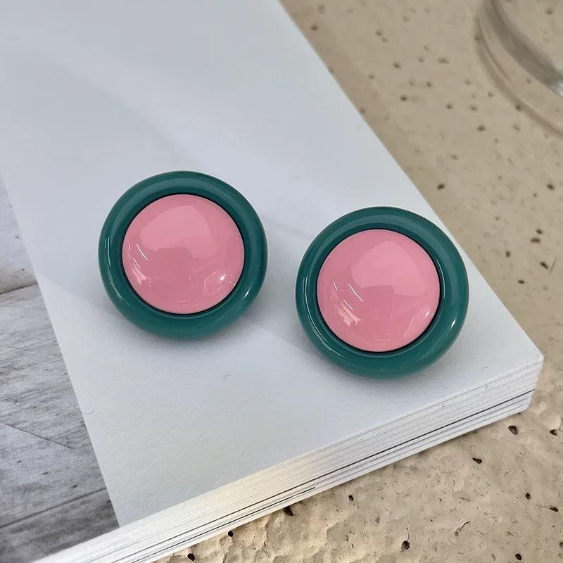 Contrasting color personalized round color matching earrings Korean color candy buttons blue French retro ear jewelry earrings women