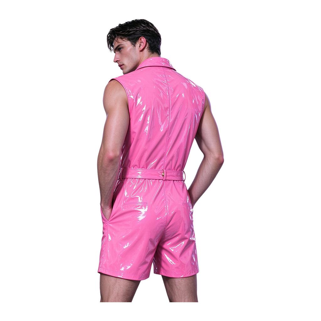 Men Zip Front Patent Leather Bodysuit Sleeveless Lapel Collar Adjustable Belt Pockets Slim Fit Jumpsuit for Club Rave Festival Stage
