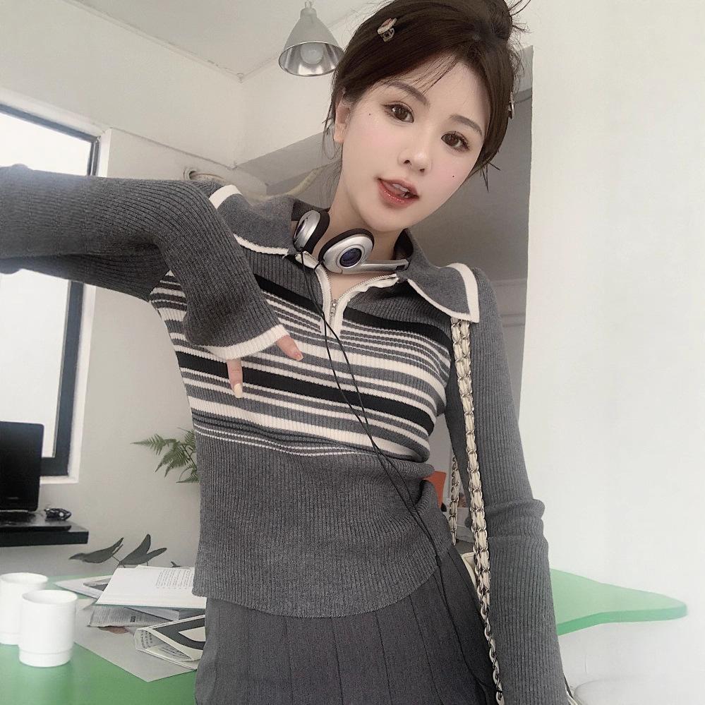 Контрастные полосы Свитер с воротником-поло вязаный женский осенний нишевый короткий шикарный приталенный one size fits all серый