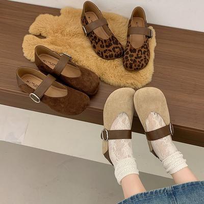Neue Mary Jane kleine Lederschuhe Leopardenmuster runder Kopf Retro Einzelne Schuhe Damen modischer Gürtel Ein-Wort Wildleder Herbst 2025 Koreanische Version