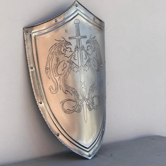 Medieval Etched Dragon Templar Shield Metal Shield Larp Cosplay  Display Shield Halloween Costume