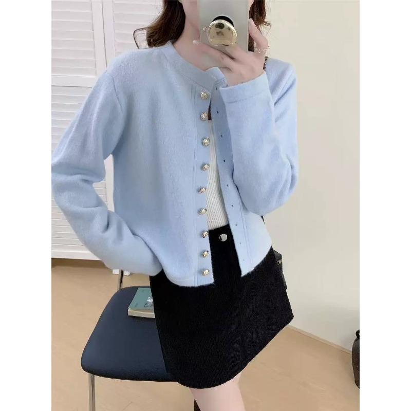 Early autumn new round neck knitted cardigan with top women's short versatile solid color soft waxy long-sleeved sweater jacket women