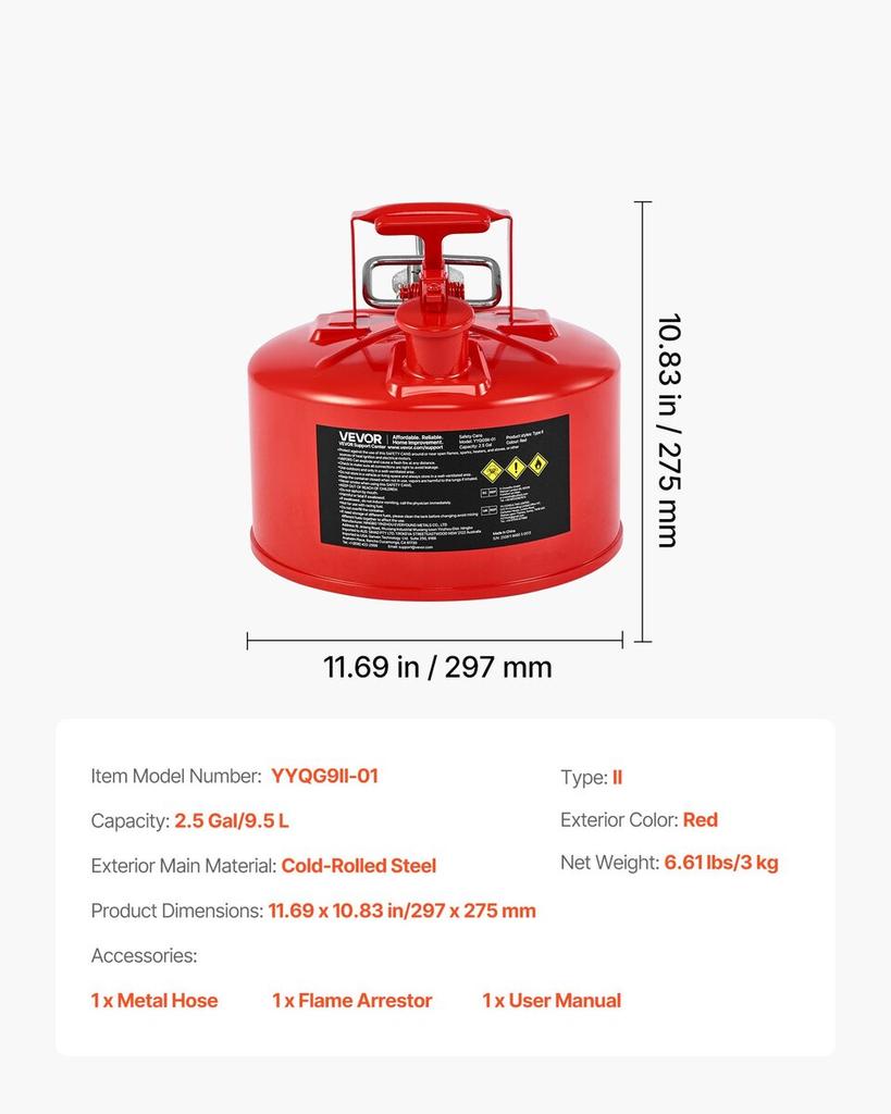 Safety Gas Can, 9.5 L Type II Red Safety Can for Gasoline with Stainless Steel Flame Arrester, Self-Closing Lid, and Flexible Metal Spout, Carbon