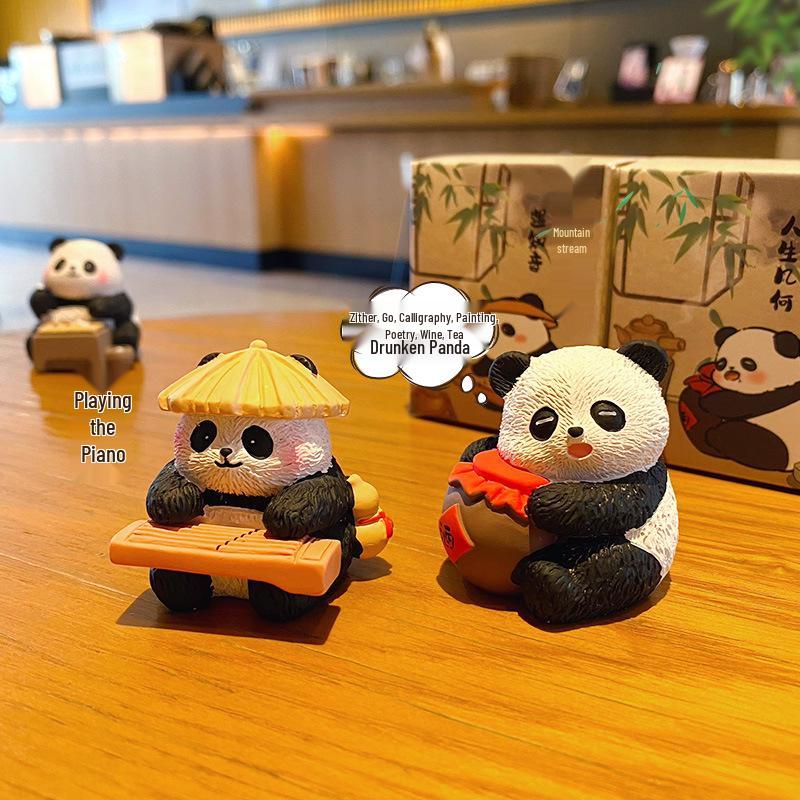 Eight Elegant Panda Car Ornament - Cute Resin Figurine for Desktop Decoration