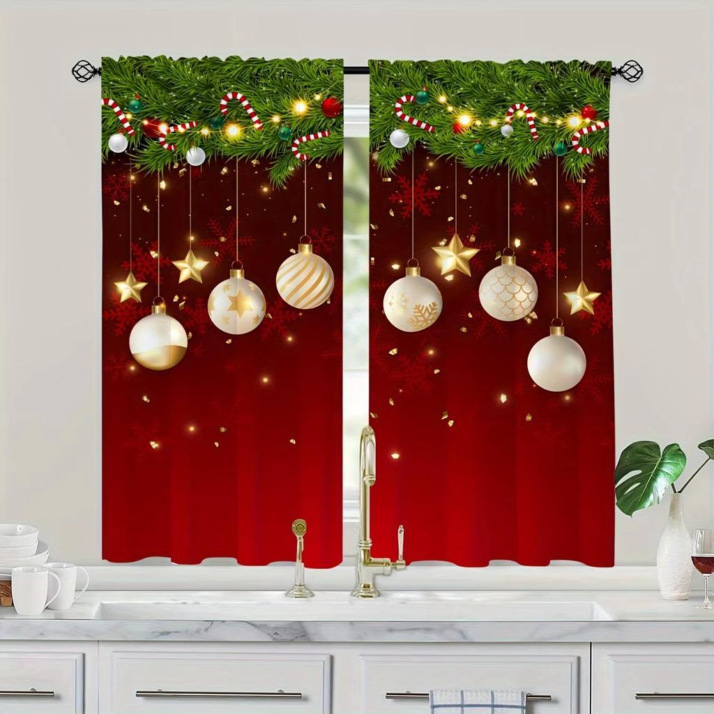 2pcs Green Pine Branch Golden Christmas Ball Pattern Curtains,Kitchen Curtain for Bedroom Living Room Home Holiday Decoration