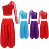 Costum de dans din buric pentru fete: Top Scurt cu Un Umăr, Mânecă Lungă, Fermoar Lateral, Paiete Strălucitoare, cu Pantaloni Bloomers Largi din Satin