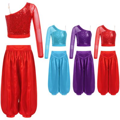 Traje de Dança do Ventre para Meninas: Top Cropped Brilhante com Lantejoulas, Manga Longa, Um Ombro, Zíper Lateral com Calça Bloomers de Cetim de Cintura Larga