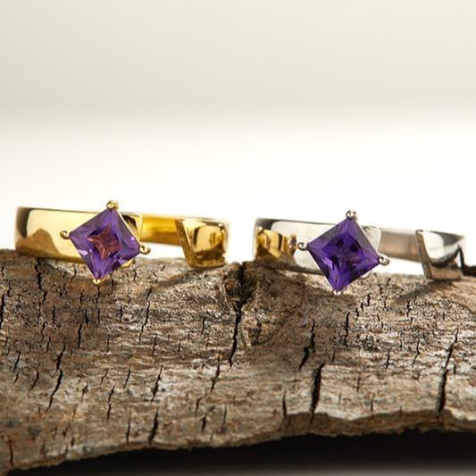 Color Treasure Ring S925 Sterling Silver Inlaid Natural Square Amethyst Niche Design Simple And Stylish Open Ring