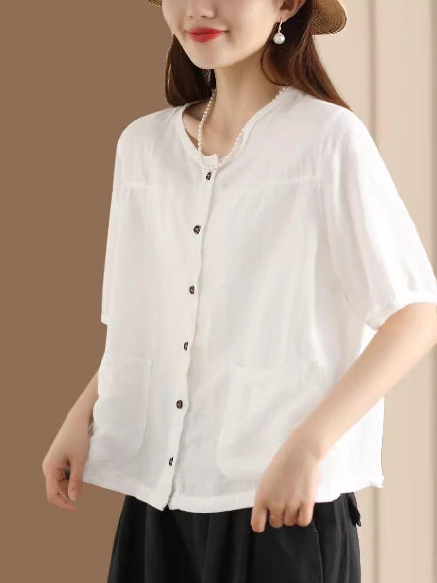 

Женская этническая ретро-рубашка-кардиган: Короткий рукав, хлопок-лен, с новым темпераментным дизайном карманов для лета 2025. 2XL белый