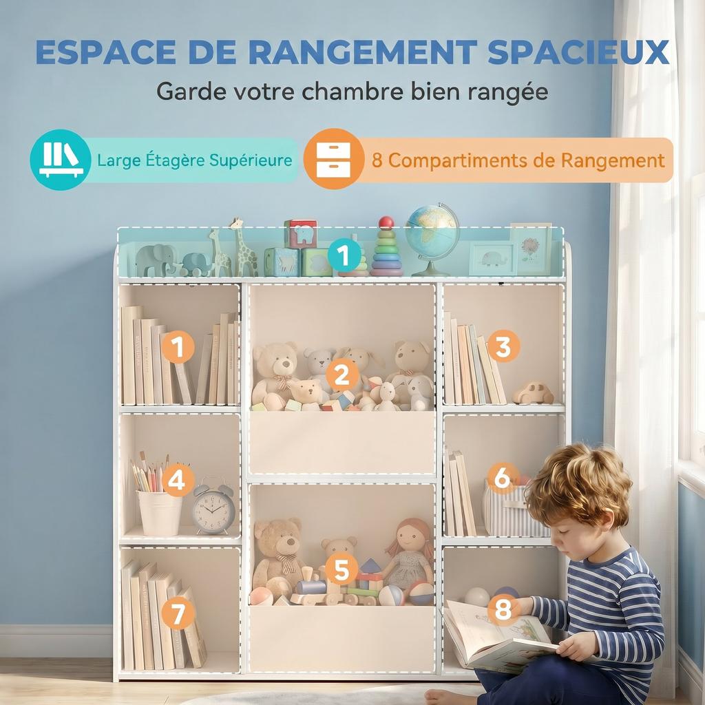 Children s Storage Furniture Bookshelf With 8 Compartments And Upper Shelf 104 X 29 X 101.5 Cm White