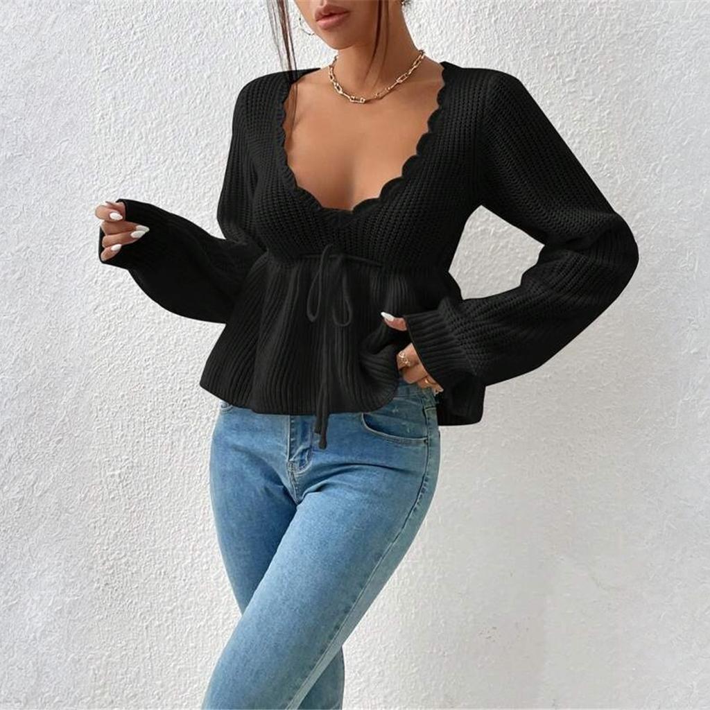 Women's Casual Fashion Loose V-neck Drawstring Ruffled Skirt Knitted Pullover Top